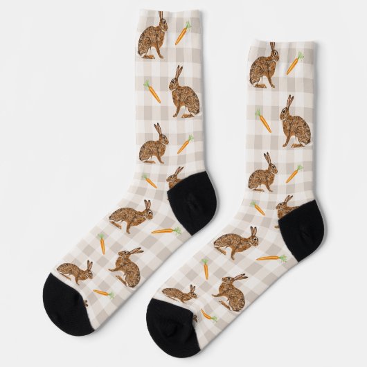 Rustic Spring Rabbits And Carrots Beige Gingham Sokken (Links)