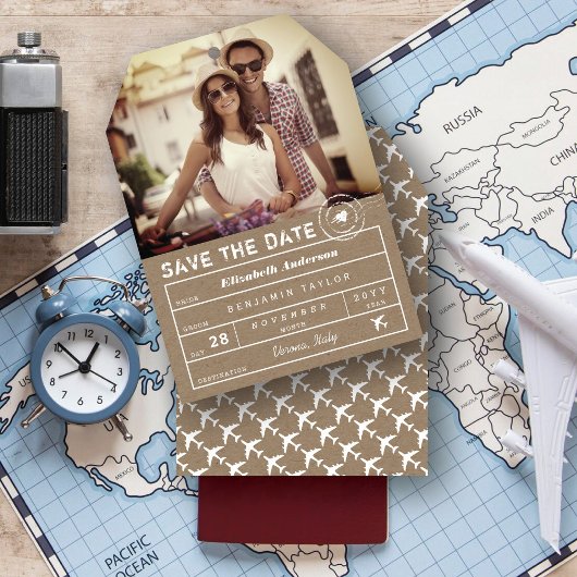 Rustic Stamp Destination Wedding Bagagelabel Foto Save The Date