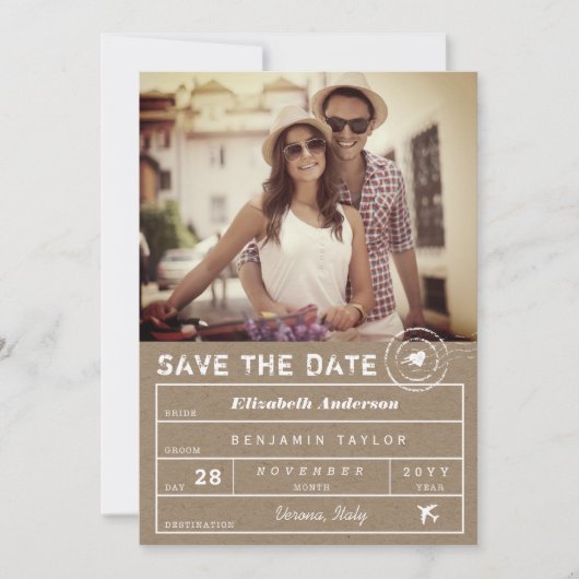 Rustic Stamp Destination Wedding Bagagelabel Foto Save The Date (Voorkant)