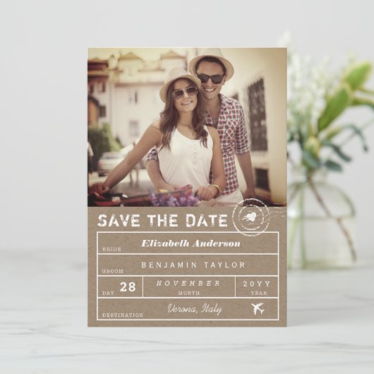 Rustic Stamp Destination Wedding Bagagelabel Foto Save The Date (Staand voorkant)