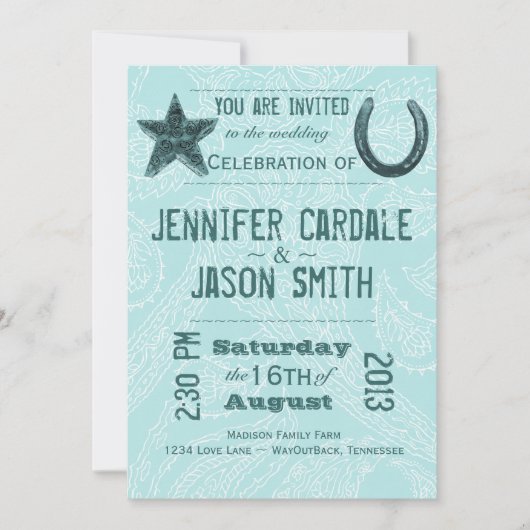 Rustic Star Hoefijzer Blue Paisley Wedding Invites Kaart (Voorkant)