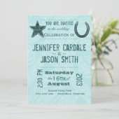 Rustic Star Hoefijzer Blue Paisley Wedding Invites Kaart (Staand voorkant)