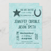 Rustic Star Hoefijzer Blue Paisley Wedding Invites Kaart (Voorkant / Achterkant)