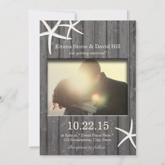 Rustic Starfish & Barn Wood Photo Wedding Kaart (Voorkant)
