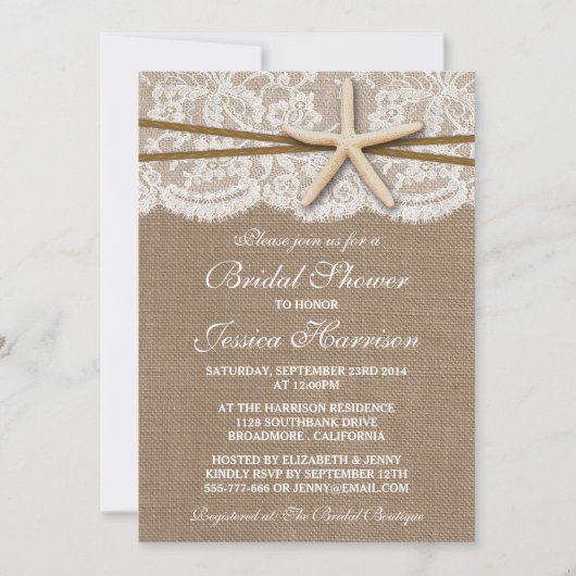 Rustic Starfish Beach Bridal Shower Invitations Kaart (Voorkant)