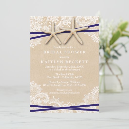 Rustic Starfish Beach Bridal Shower Invitations Kaart (Staand voorkant)
