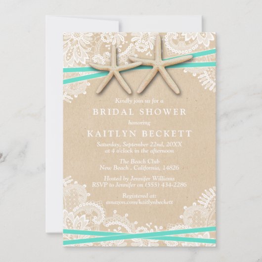 Rustic Starfish Beach Bridal Shower Invitations Kaart (Voorkant)