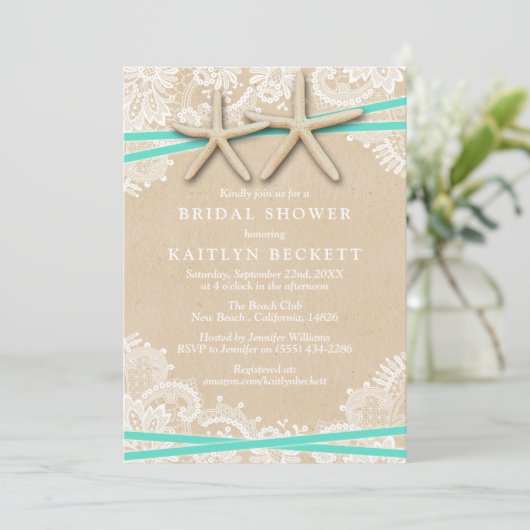 Rustic Starfish Beach Bridal Shower Invitations Kaart (Staand voorkant)
