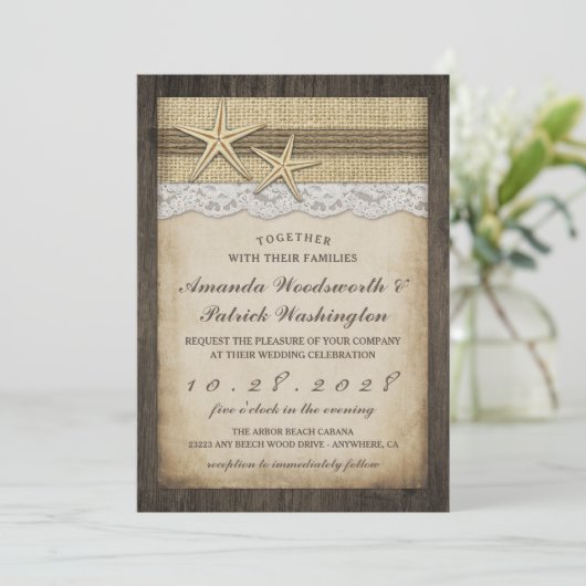 Rustic Starfish Beach Wedding Invitations Kaart (Staand voorkant)