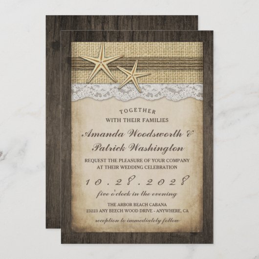 Rustic Starfish Beach Wedding Invitations Kaart (Voorkant / Achterkant)