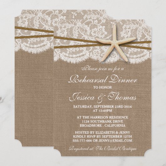 Rustic Starfish Beach Wedding Rehearsal Dinner Kaart (Voorkant / Achterkant)