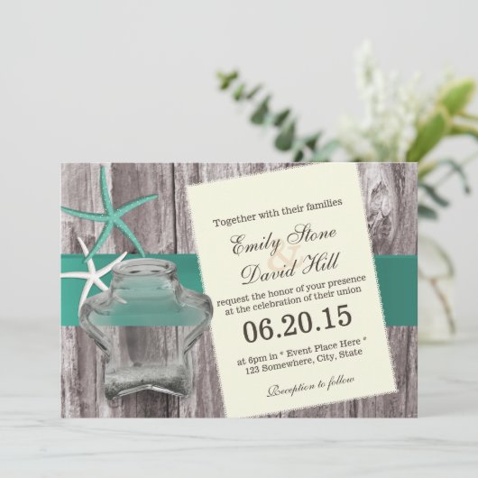 Rustic Starfish & Mason Jar Beach Wedding Kaart (Staand voorkant)