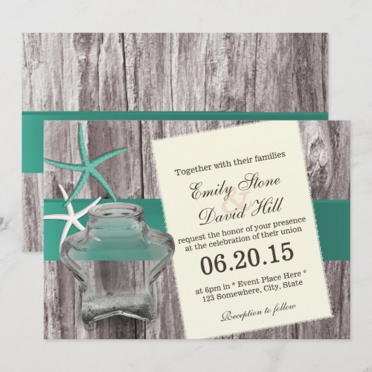 Rustic Starfish & Mason Jar Beach Wedding Kaart (Voorkant / Achterkant)
