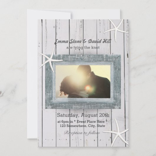 Rustic Starfish & Weathered Wood Photo Wedding Kaart (Voorkant)