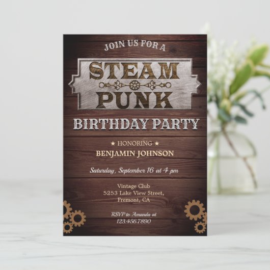 -Rustic Steampunk Birthday-partijuitnodiging Kaart (Staand voorkant)