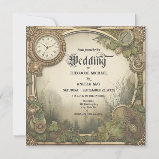 Rustic Steampunk Gears Wedding Invitation Kaart (Voorkant)
