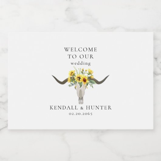 Rustic Steer & Sunflower Wedding Sparkling Wijnetiket (Enkel label)