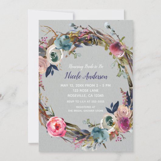 Rustic Stick Floral Wreath Modern Vrijgezellenfees Kaart (Achterkant)