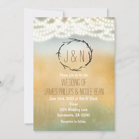 Rustic Sticks Wreath & Lights Wedding Invitations Kaart (Voorkant)