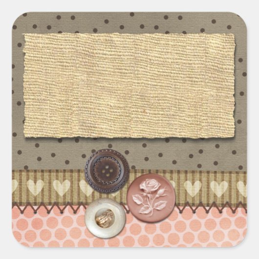 Rustic Stitched Ribbon & Buttonnen op het lijnwerk Vierkante Sticker (Voorkant)