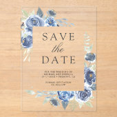 Rustic Stof Blauw Bloemstuk Bruiloft Save the Date Acryl Uitnodigingen (Voorkant)