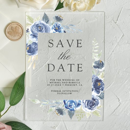 Rustic Stof Blauw Bloemstuk Bruiloft Save the Date Acryl Uitnodigingen