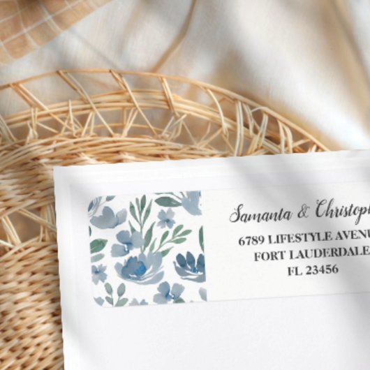 Rustic Stofblauw Bloem Waterverf Adreslabel Etiket