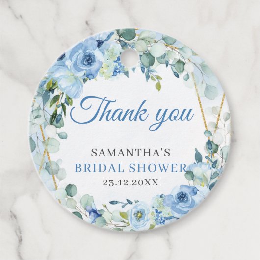 Rustic Stofblauw Bloemstuk gouden lijst bruidsdouc Bedankjes Labels (Voorkant)
