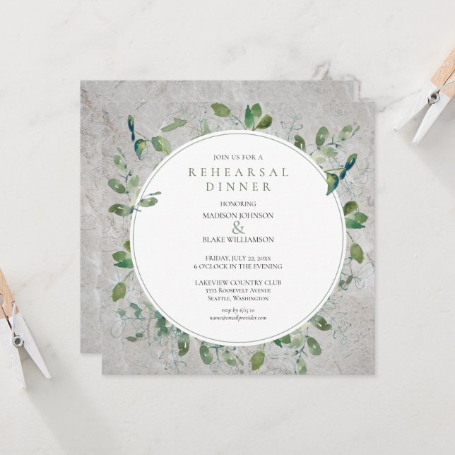 Rustic Stone Greenery Rehearsal Dinner Invitation (Voorkant / Achterkant in situ)