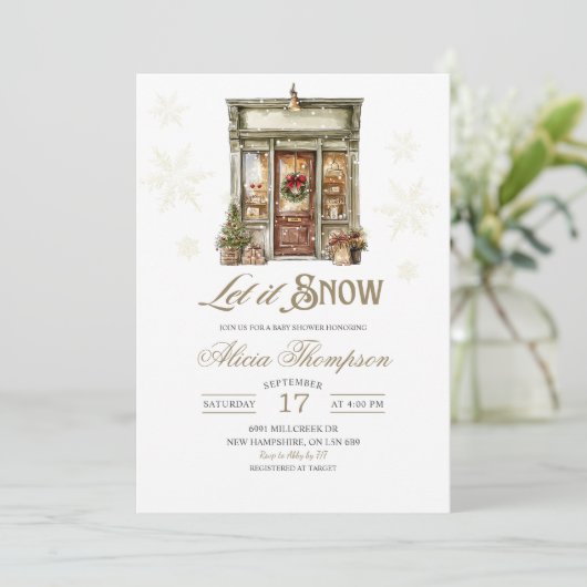 Rustic Storefront Let It Snow Boy Baby Shower Kaart (Staand voorkant)