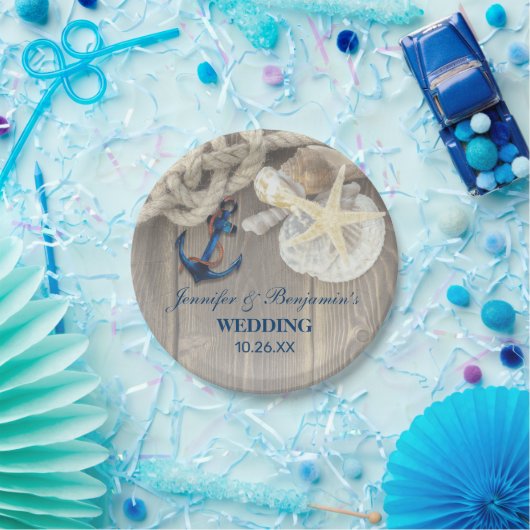 Rustic Strand Schelp Marine Anker Nautisch Huwelij Papieren Bordje (Feest)