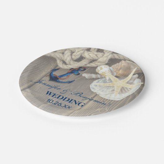 Rustic Strand Schelp Marine Anker Nautisch Huwelij Papieren Bordje (Gekanteld)