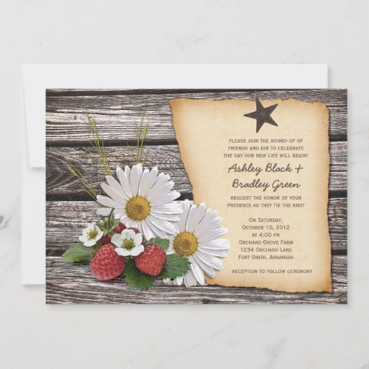 Rustic Strawberry Daisy Wedding Invitation Kaart (Voorkant)
