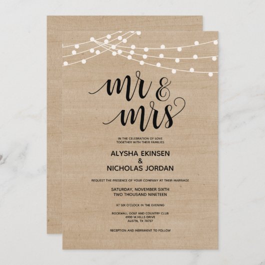 Rustic string licht Mr en Mrs Wedding Invitation Programmakaart (Voorkant / Achterkant)