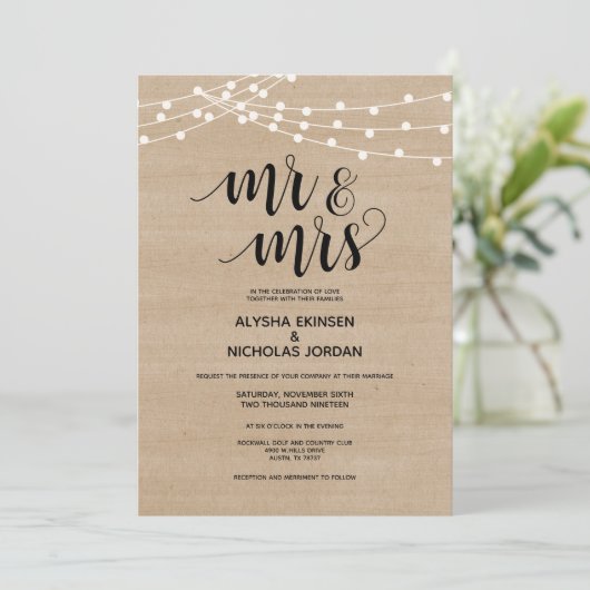 Rustic string licht Mr en Mrs Wedding Invitation Programmakaart (Staand voorkant)