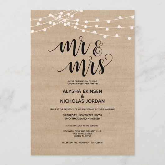 Rustic string licht Mr en Mrs Wedding Invitation Programmakaart (Voorkant)