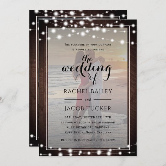 Rustic String Lichten 2-foto-bruiloft uitnodigen Aankondiging (Voorkant / Achterkant)