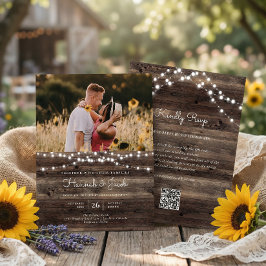 Rustic String Light Barn Wood QR Code RSVP Weddens Kaart