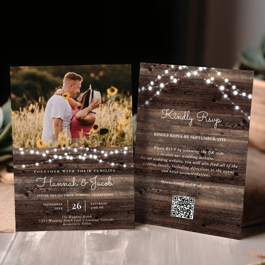 Rustic String Light Barn Wood QR Code RSVP Weddens Kaart
