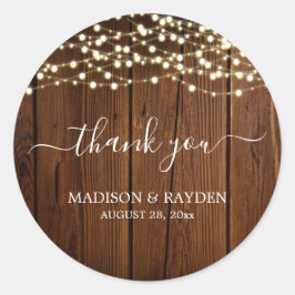 Rustic String Light Barn Wood Wedding Dank u Ronde Sticker