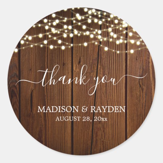 Rustic String Light Barn Wood Wedding Dank u Ronde Sticker (Voorkant)