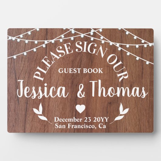 Rustic String Light bruiloft Guest Book Plaque Fotoplaat (voorkant)