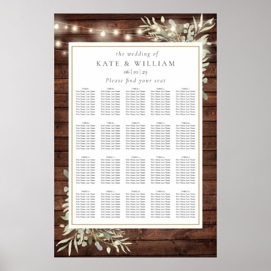 Rustic String Light Greenery Wedding Seating Chart Poster (Voorkant)