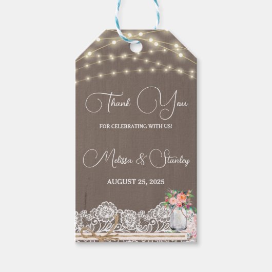 Rustic String Light Mason Jar Dank je huwelijk Cadeaulabel (Voorkant)