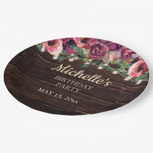Rustic String Light Paars Floral Birthday Papieren Bordje (Gekanteld)