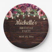 Rustic String Light Paars Floral Birthday Papieren Bordje (Voorkant)