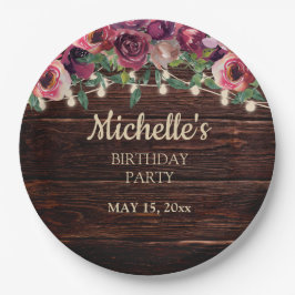 Rustic String Light Paars Floral Birthday Papieren Bordje