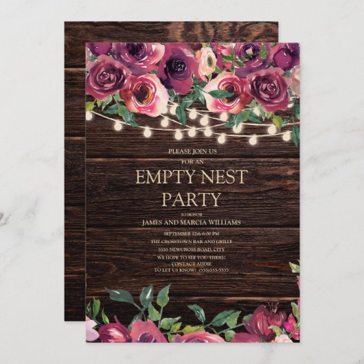 Rustic String Light Paars Floral Empty Nest Party Kaart (Voorkant / Achterkant)