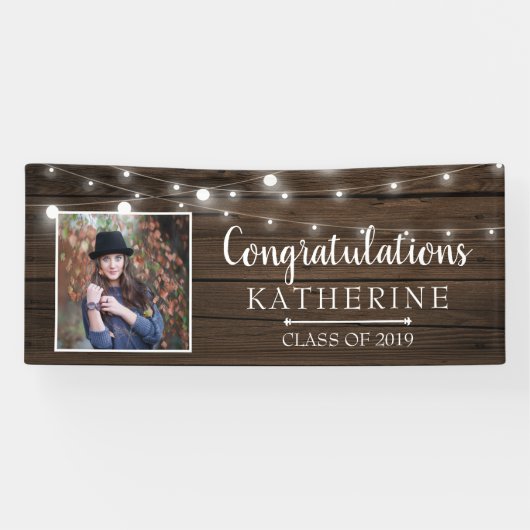 Rustic String Lights Afstuderen Spandoek (Horizontaal)