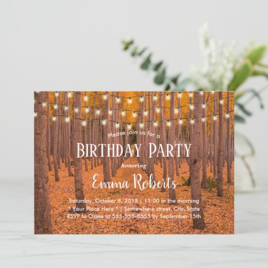 Rustic String Lights Autumn Bossen Birthday Party Kaart (Staand voorkant)